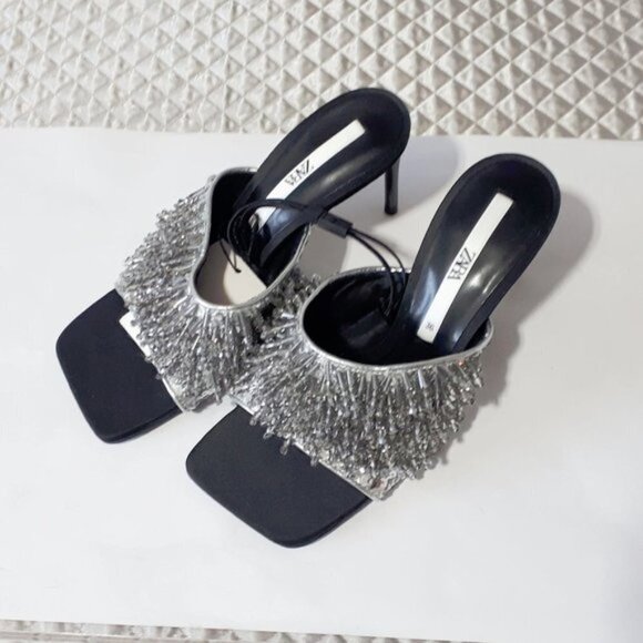 NWT Zara black, grey & silver beaded strap heeled sandals - Picture 10 of 16